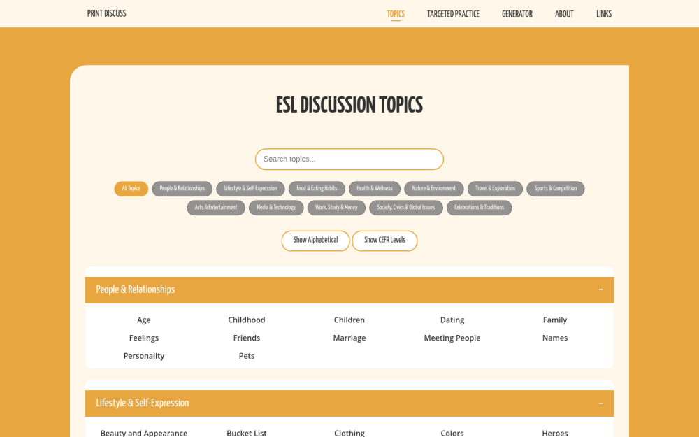 Visit website for ESL Discussion Topics